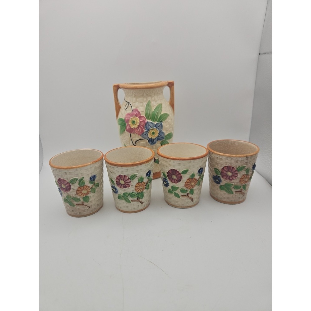 Vintage Ceramic Wall Pocket Vase And Cups Floral Made In Japan